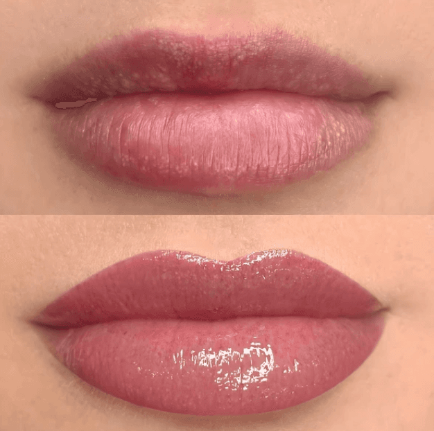 Soft rosy lip blush close-up